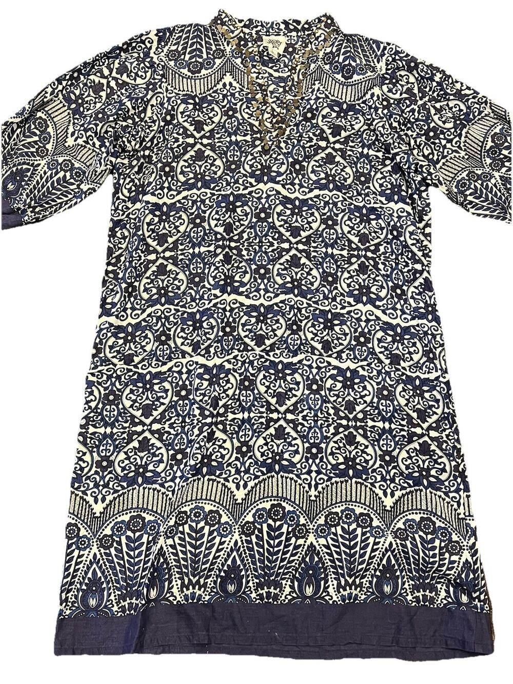 Ivy Jane Blue White Boho Floral Tunic Dress Sz L Embellished Sequins Cotton